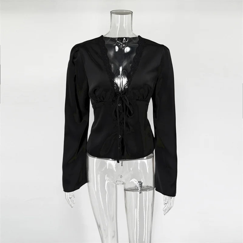 Tossy Lace Satin Lace-Up Vest Top Women Patchwork Fashion Long Sleeve Commute Loose Summer Tank Top Female Bandage V-Neck Top
