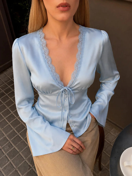Tossy Lace Satin Lace-Up Vest Top Women Patchwork Fashion Long Sleeve Commute Loose Summer Tank Top Female Bandage V-Neck Top