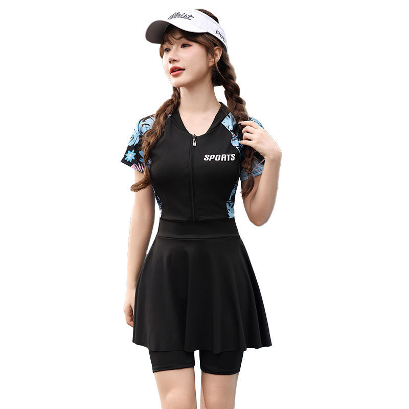 plus size swimsuit women's one-piece skirt short sleeve professional sports swimsuit mother 200kg conservative belly slim hot spring
