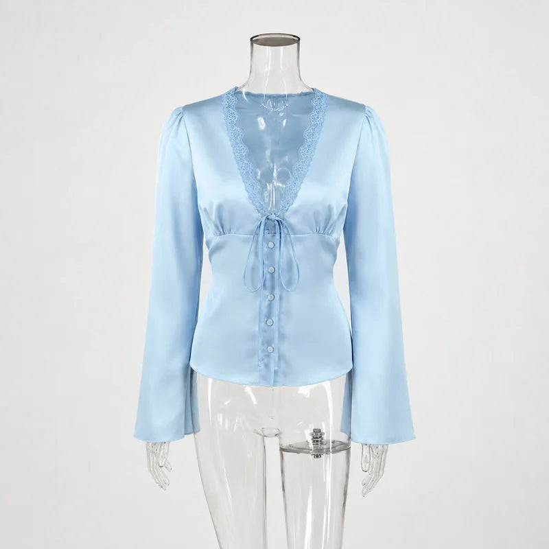 Tossy Lace Satin Lace-Up Vest Top Women Patchwork Fashion Long Sleeve Commute Loose Summer Tank Top Female Bandage V-Neck Top