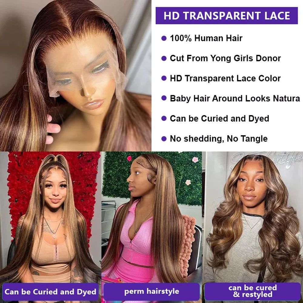 Remy Hair Highlight P4/27 Human Straight Wig 13x4 13x6 HD Transparent Lace Frontal Wigs Pre Plucked 200% Density Women Remy Hair