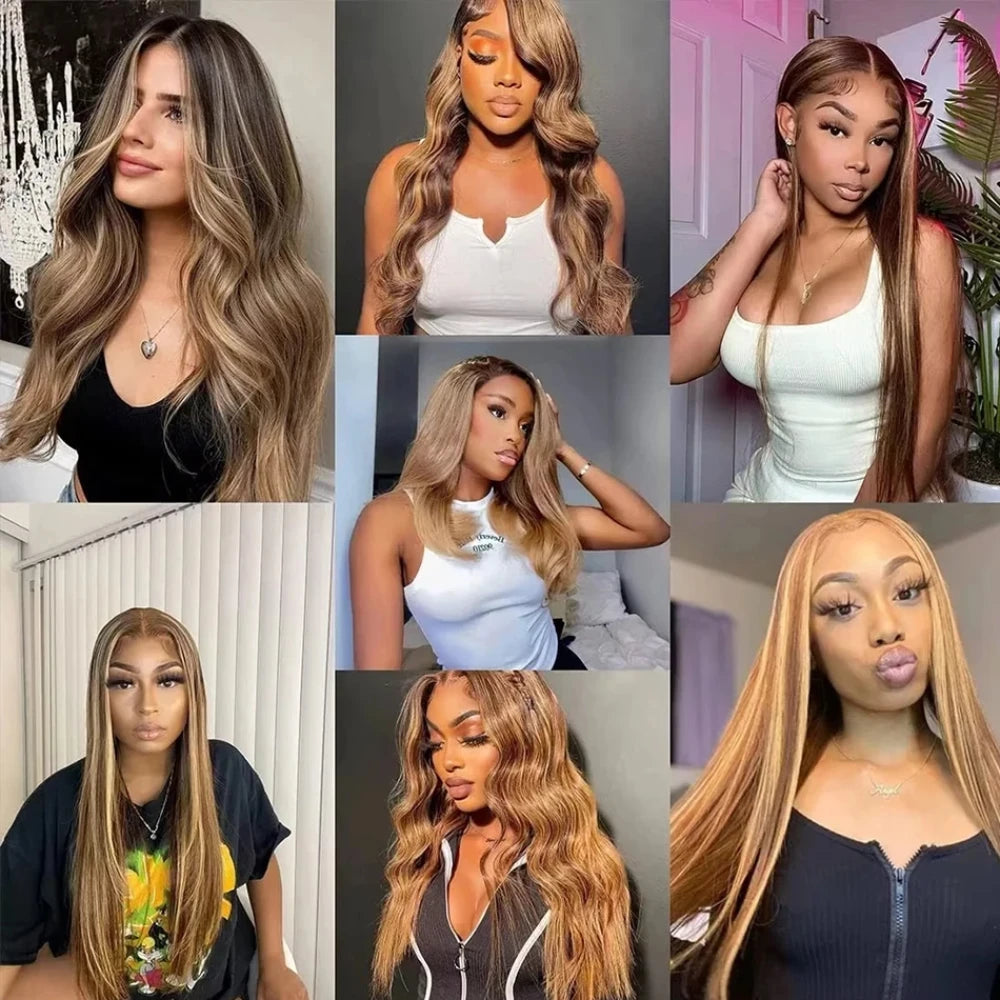 Remy Hair Highlight P4/27 Human Straight Wig 13x4 13x6 HD Transparent Lace Frontal Wigs Pre Plucked 200% Density Women Remy Hair