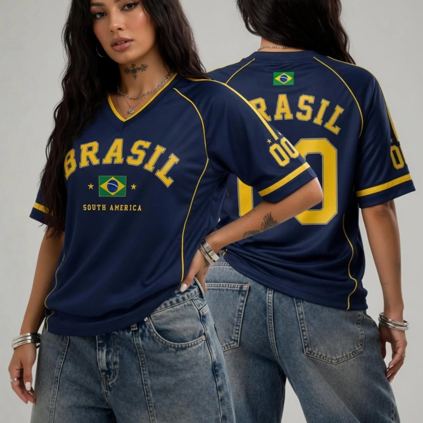Women's Brazil 00 Print V-Neck Short Sleeve T-Shirt Summer Graphic Tee Jerseys Plus Size Sport T-Shirt