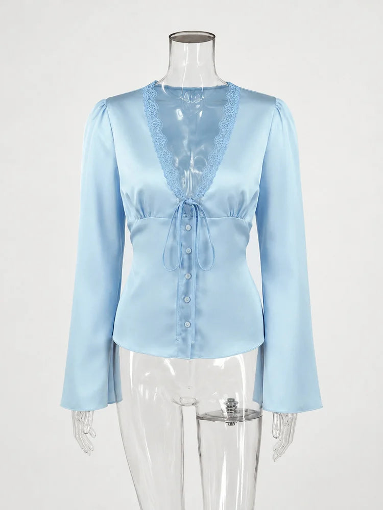 Tossy Lace Satin Lace-Up Vest Top Women Patchwork Fashion Long Sleeve Commute Loose Summer Tank Top Female Bandage V-Neck Top