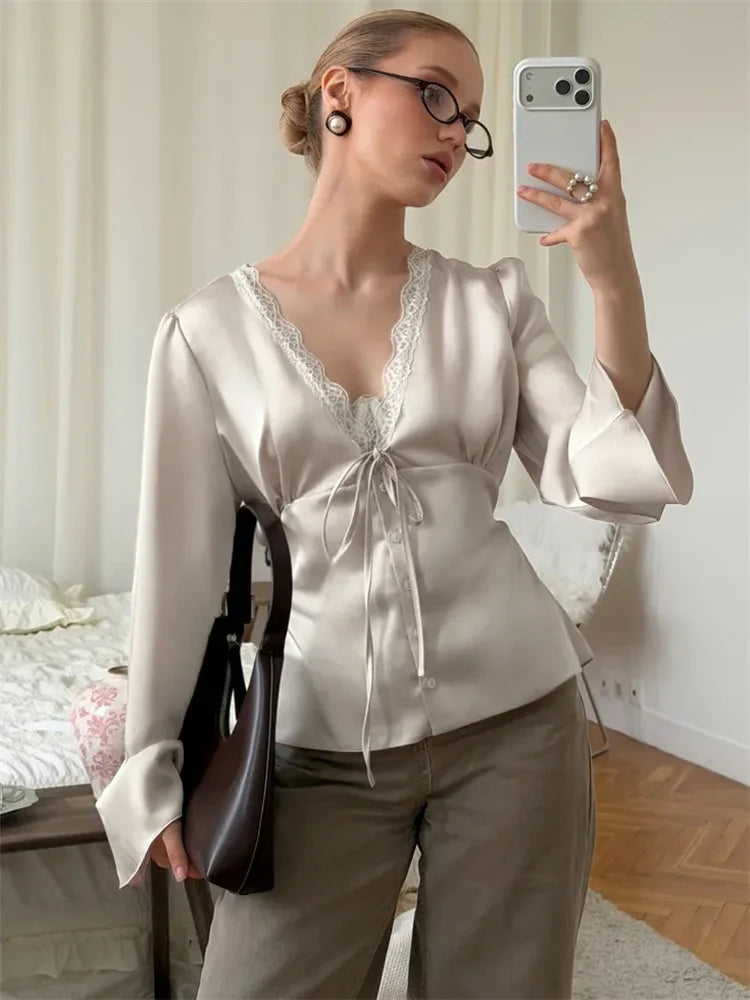 Tossy Lace Satin Lace-Up Vest Top Women Patchwork Fashion Long Sleeve Commute Loose Summer Tank Top Female Bandage V-Neck Top