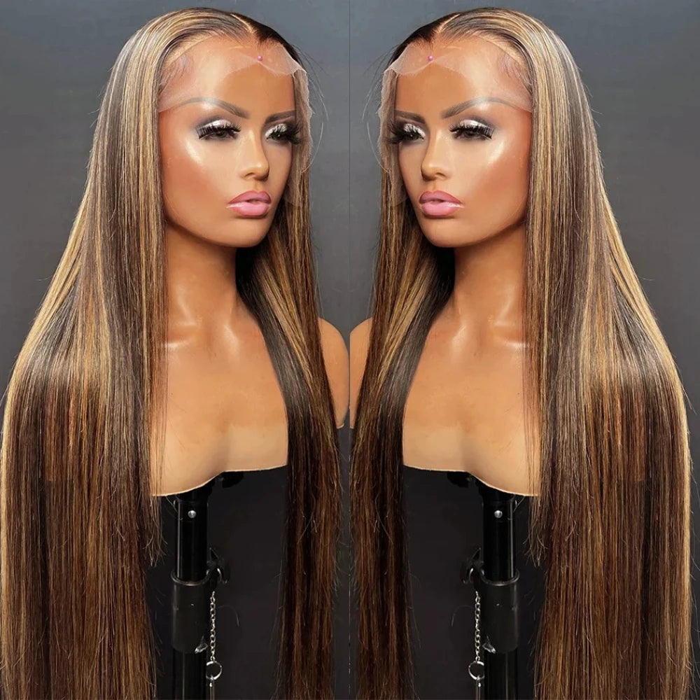 Remy Hair Highlight P4/27 Human Straight Wig 13x4 13x6 HD Transparent Lace Frontal Wigs Pre Plucked 200% Density Women Remy Hair