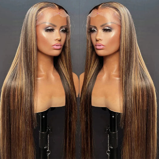 Remy Hair Highlight P4/27 Human Straight Wig 13x4 13x6 HD Transparent Lace Frontal Wigs Pre Plucked 200% Density Women Remy Hair