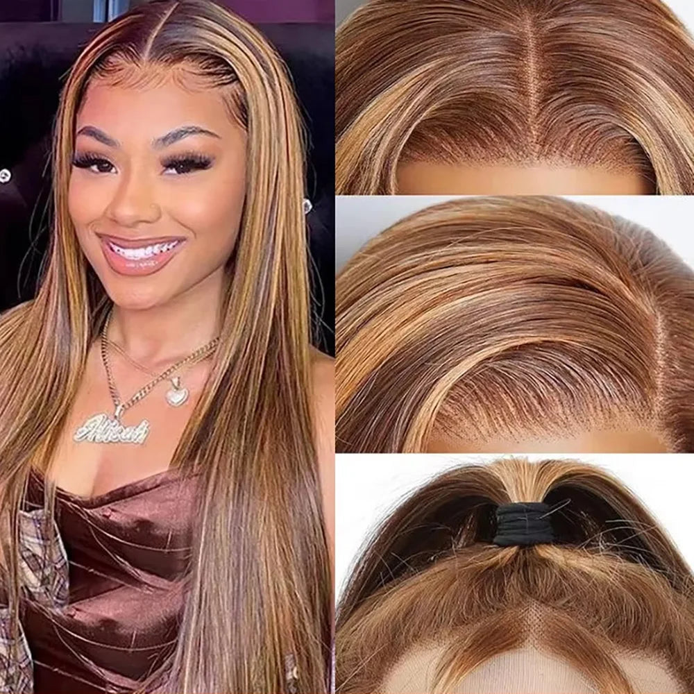 Remy Hair Highlight P4/27 Human Straight Wig 13x4 13x6 HD Transparent Lace Frontal Wigs Pre Plucked 200% Density Women Remy Hair