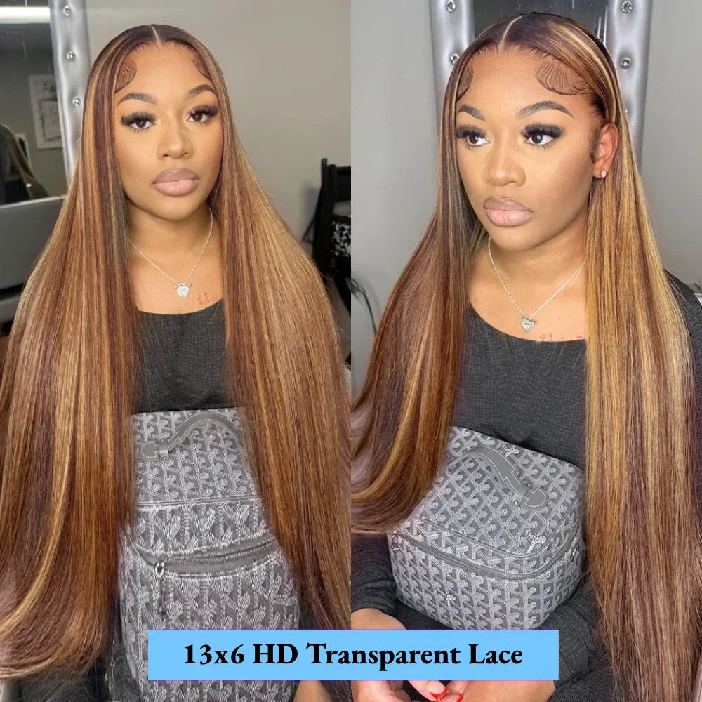 Remy Hair Highlight P4/27 Human Straight Wig 13x4 13x6 HD Transparent Lace Frontal Wigs Pre Plucked 200% Density Women Remy Hair