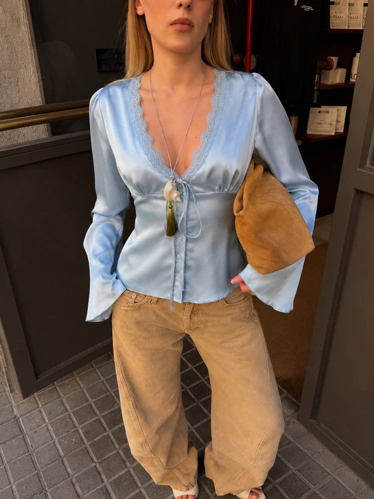 Tossy Lace Satin Lace-Up Vest Top Women Patchwork Fashion Long Sleeve Commute Loose Summer Tank Top Female Bandage V-Neck Top