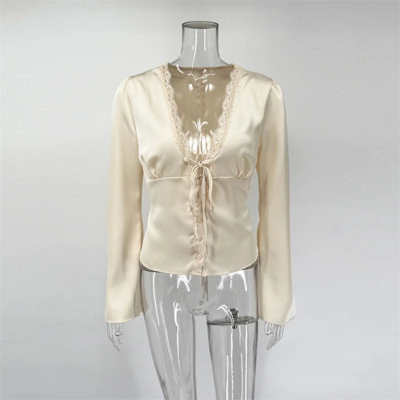 Tossy Lace Satin Lace-Up Vest Top Women Patchwork Fashion Long Sleeve Commute Loose Summer Tank Top Female Bandage V-Neck Top