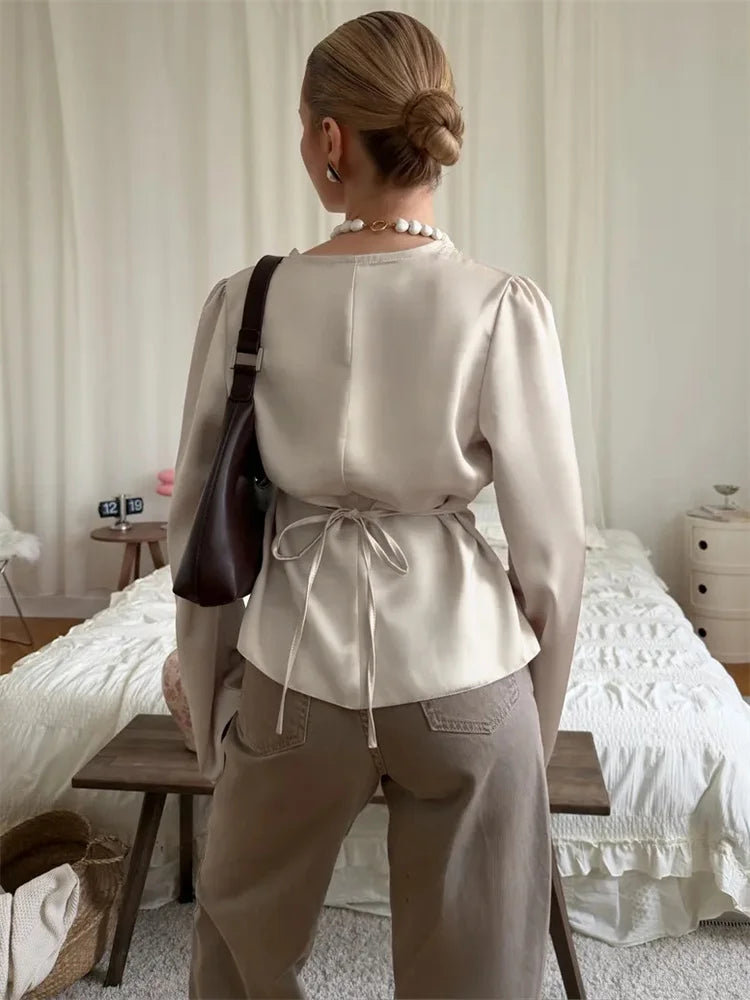 Tossy Lace Satin Lace-Up Vest Top Women Patchwork Fashion Long Sleeve Commute Loose Summer Tank Top Female Bandage V-Neck Top